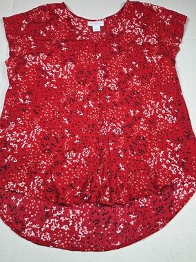 Liz Claiborne Red Floral Button-Front Cap Sleeve Blouse Size Medium